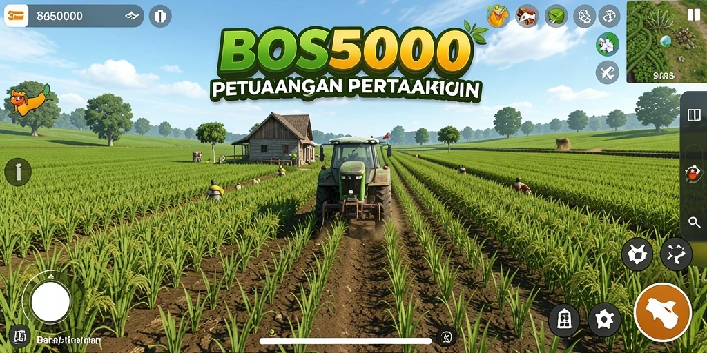 Tampilan gameplay <strong>BOS5000</strong> yang menarik dengan ladang yang subur.