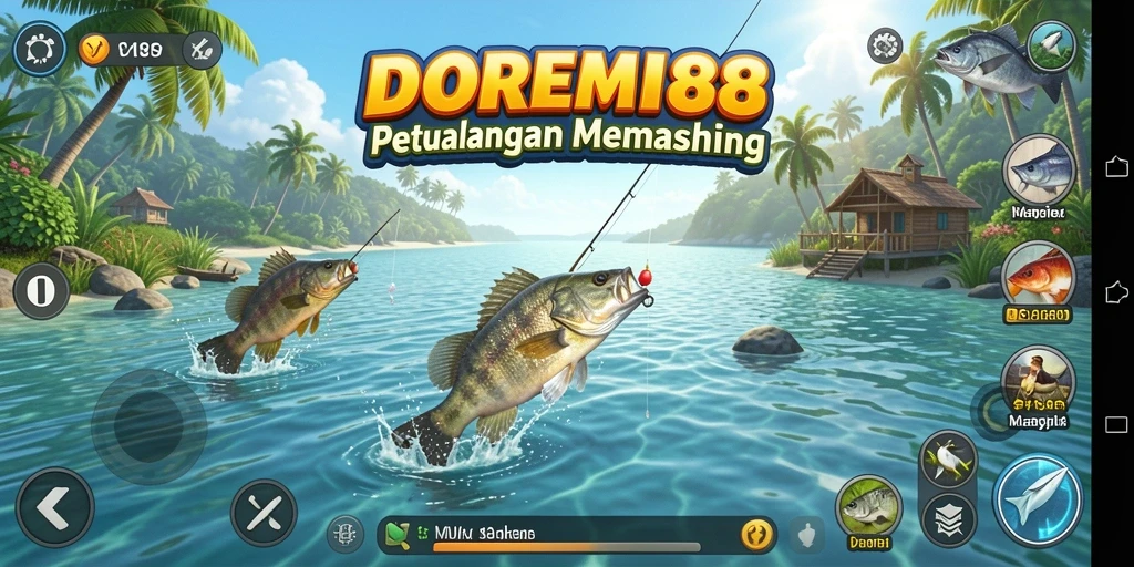 Screenshot utama DOREMI88 menunjukkan pemain menangkap ikan di lokasi indah.