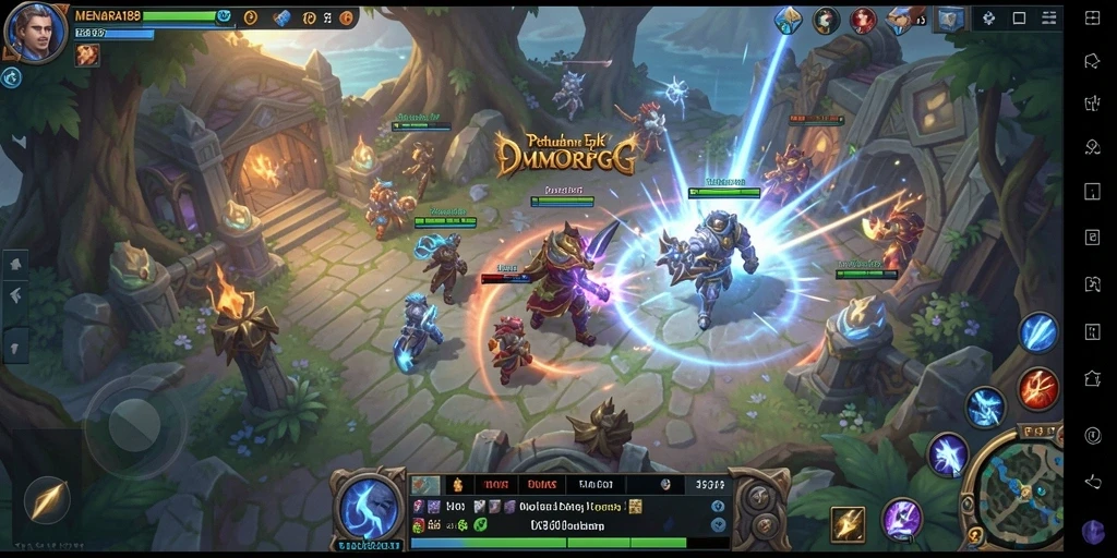 Tangkapan layar utama MENARA188 menampilkan aksi pertempuran seru dalam MMORPG.